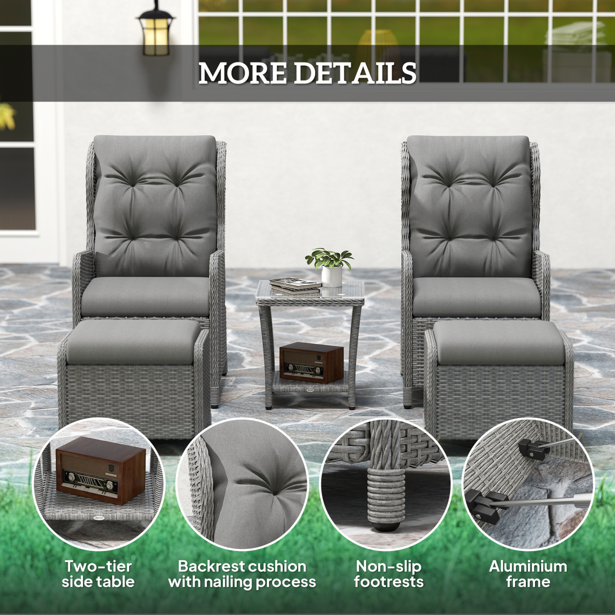 Outsunny 5-Piece Rattan Recliner Set with 2 Chairs, 2 Footstools and Glass Table – Garden Lounge, Light Grey