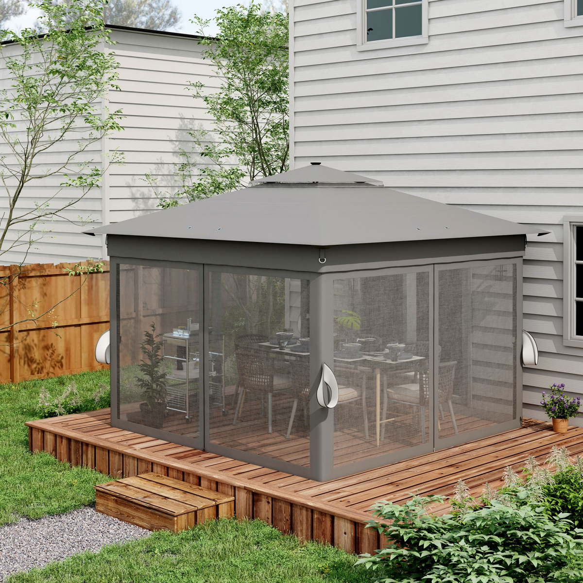 Outsunny 3x3m Pop Up Gazebo with Solar LED Lights, Remote & Mesh Curtains – Garden Shelter, Grey