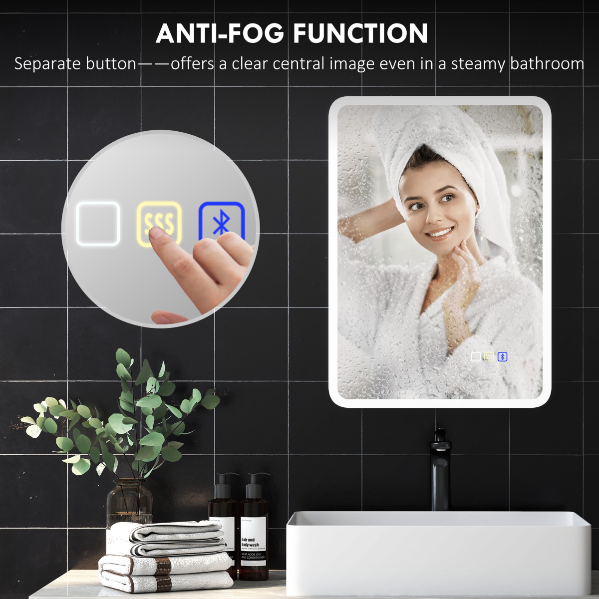 HOMCOM 500 x 700 mm Bluetooth Bathroom Mirror with LED Lights Wall Mounted
