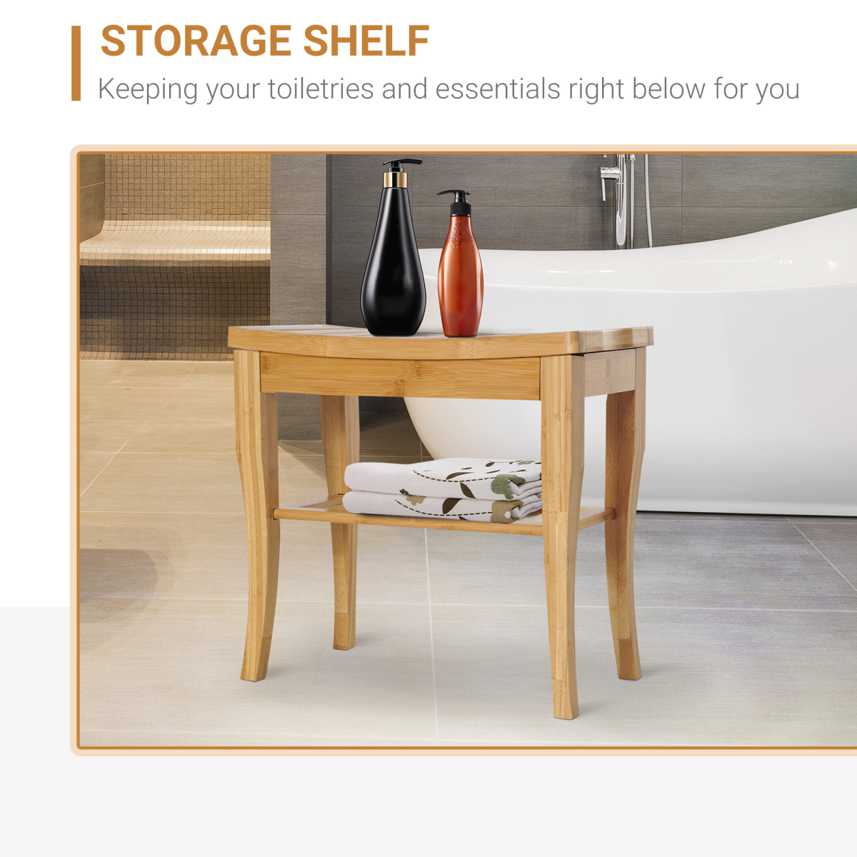 2-Tier Slatted Shower Bench with Storage Shelf – Compact Bath Seat with Round Edges and 100kg Capacity