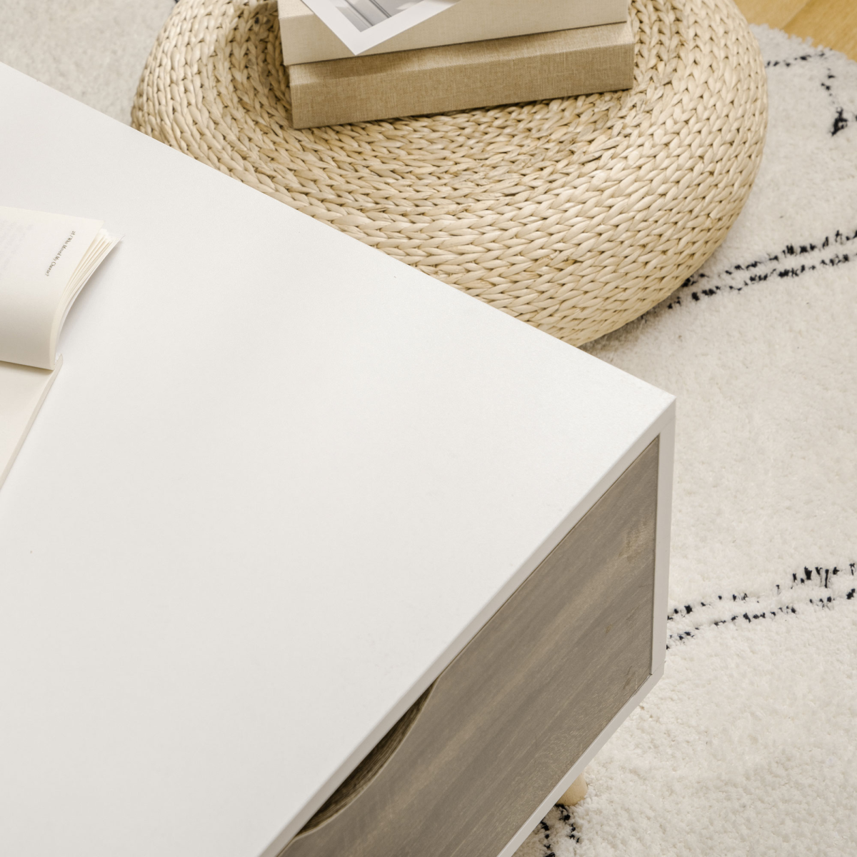 Modern White Coffee Table with Storage Shelves and 2 Sliding Drawers – Living Room Table with Wood-Effect Drawers