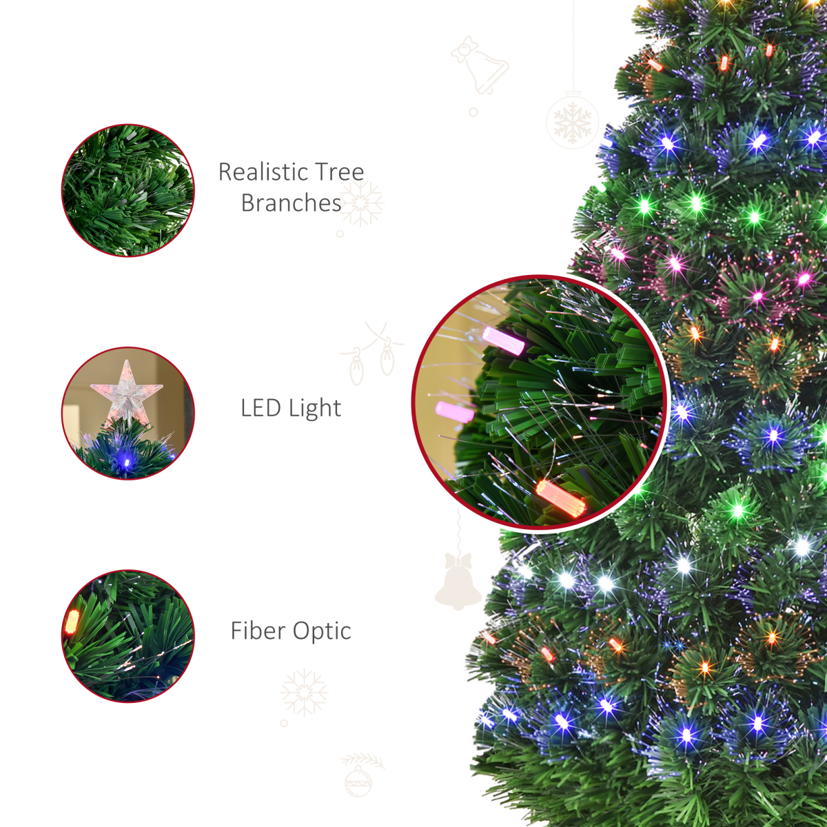 HOMCOM 5ft Pre-Lit Artificial Christmas Tree with 170 Multicoloured Lights, Star Topper & Folding Metal Base