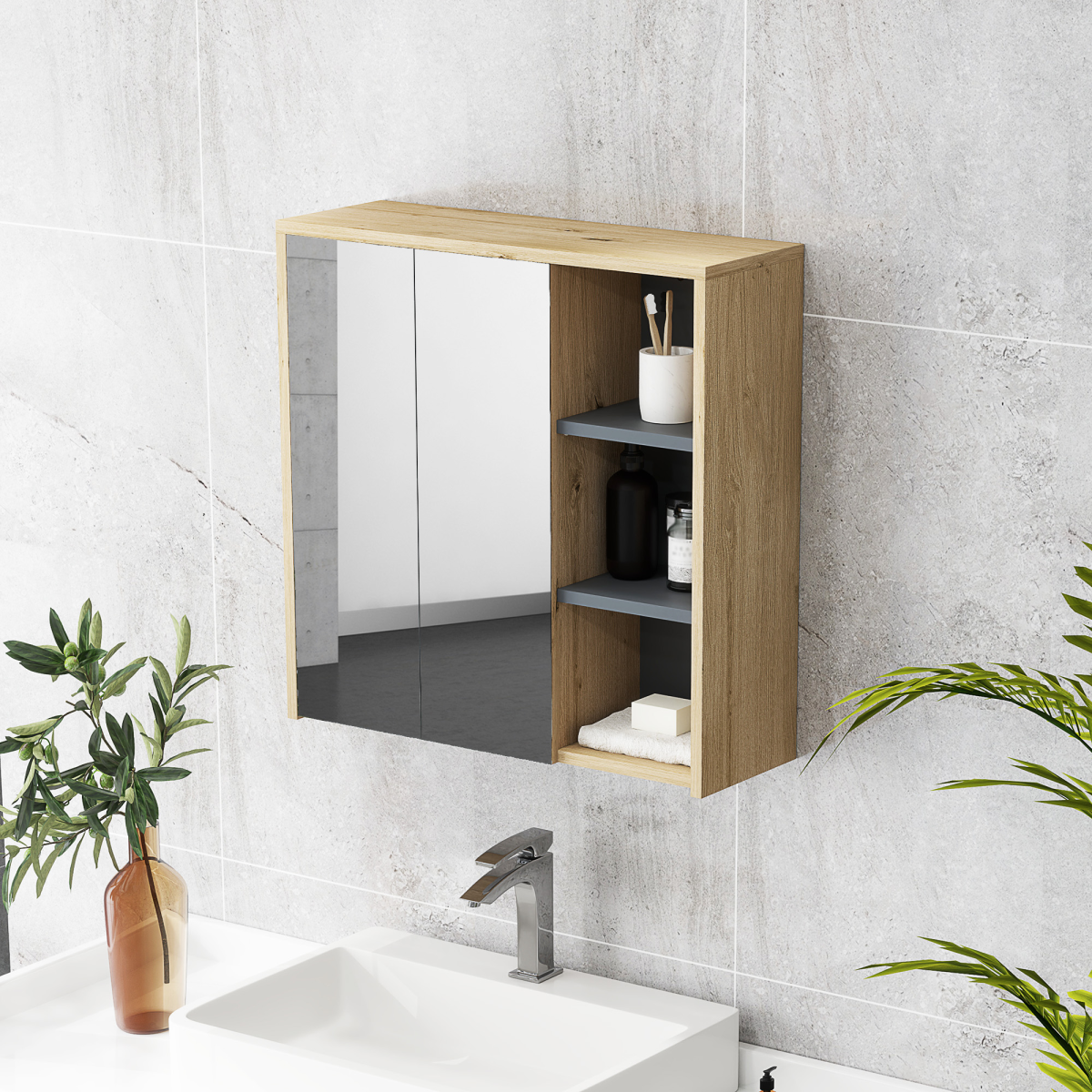 HOMCOM Wall-Mounted Bathroom Mirror Cabinet with Five Shelves and Two Mirrored Doors, Natural