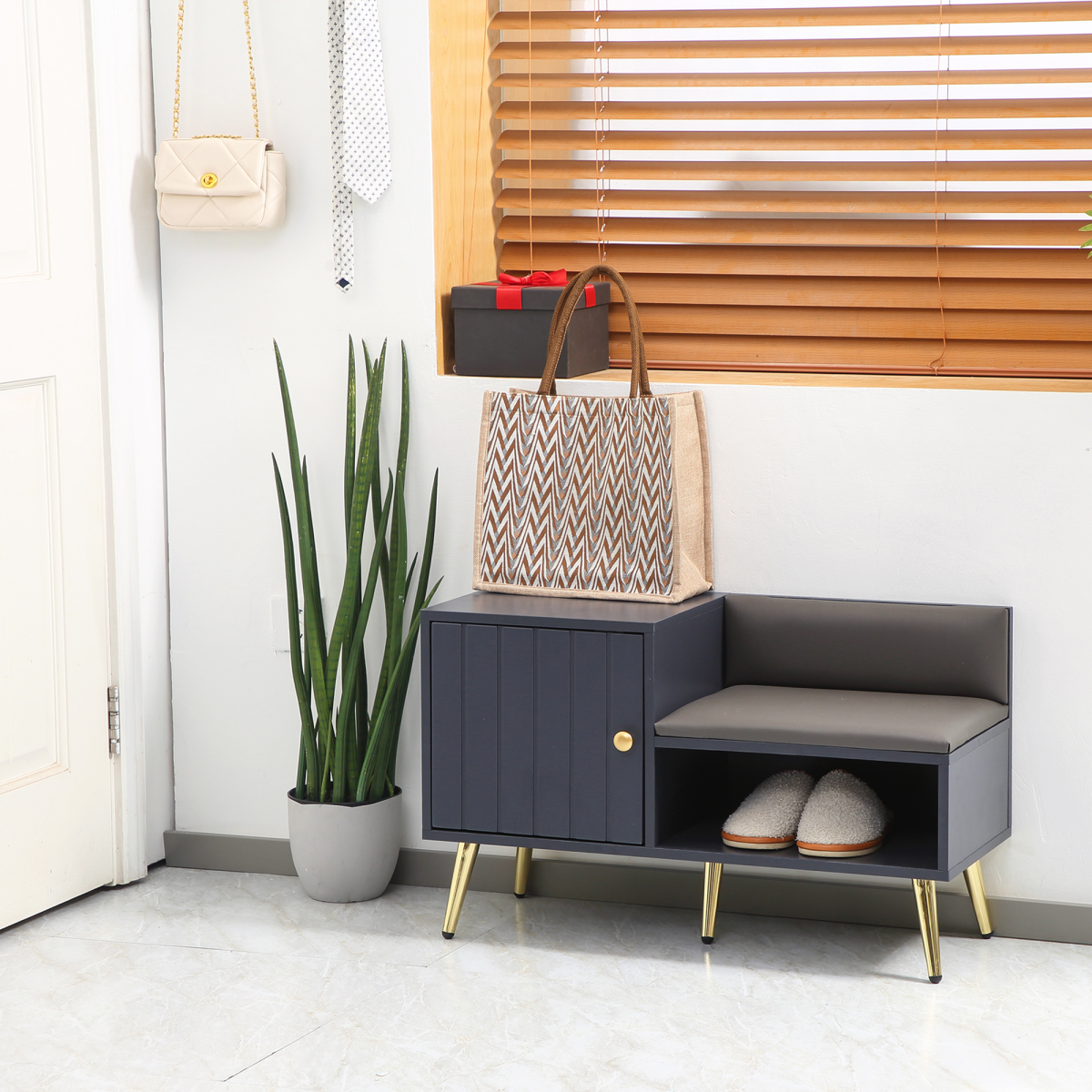 Hallway Shoe Bench with Enclosed Storage Cabinet & Padded Seat Cushion – Entryway Seating, Grey