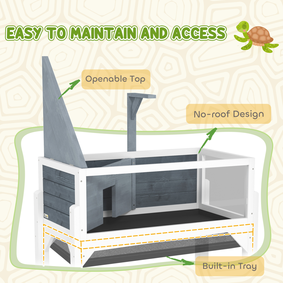 PawHut Wooden Tortoise House with Storage Shelf, Lamp Stand & Clear Observation Windows – White and Grey