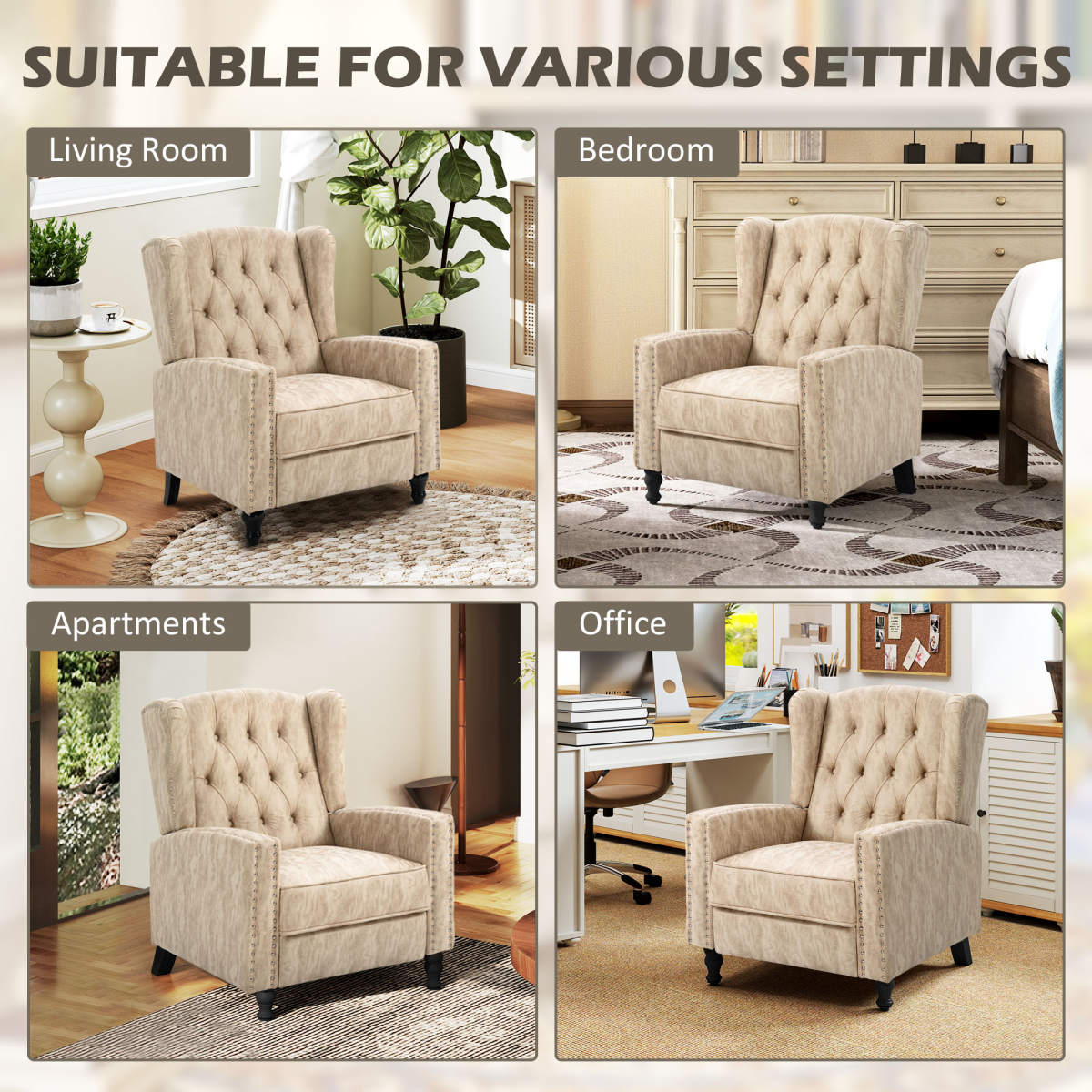 HOMCOM Marble-Effect Manual Reclining Armchair with Footrest & Decorative Studs – Living Room Recliner, Beige