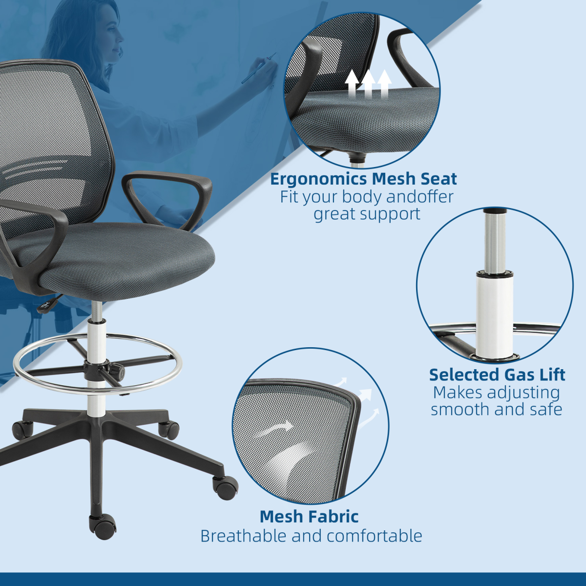 Vinsetto Draughtsman Chair Tall Office Chair with Adjustable Height and Footrest – Mesh Back, Grey