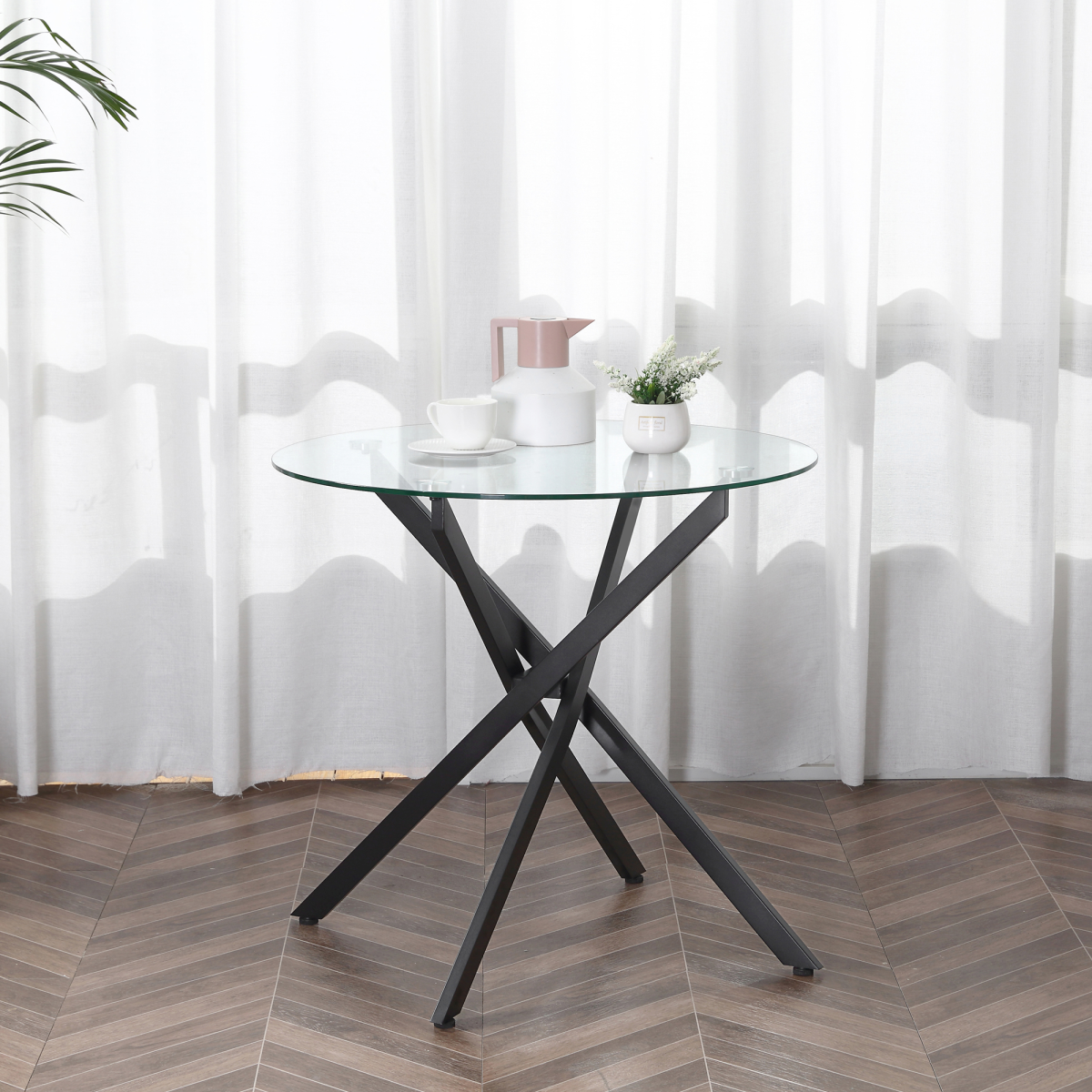 HOMCOM Round Clear Glass Side Table with Crossed Black Metal Legs – Modern Living Room and Bedroom Table