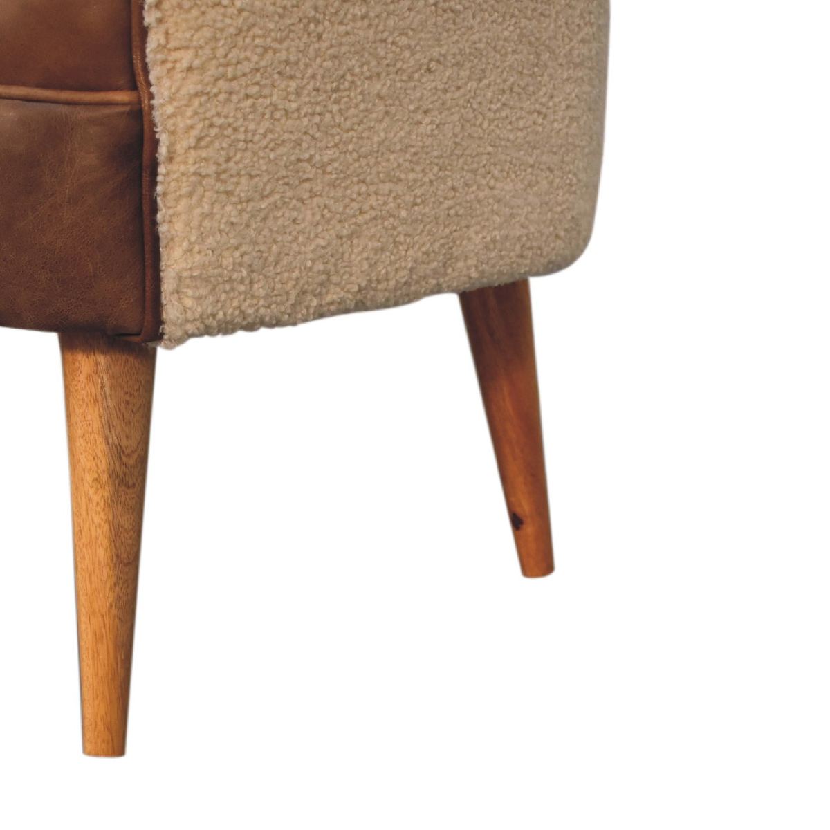 Artisan Furniture Solid Wood Boucle Armchair with Buffalo Leather Seat – Upholstered Accent Chair, Cream & Brown