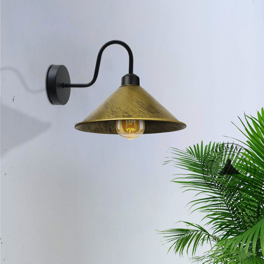 Vintage Swan Neck Wall Light with Cone Shade and E27 Socket – Dimmable Indoor Wall Sconce, Brushed Brass