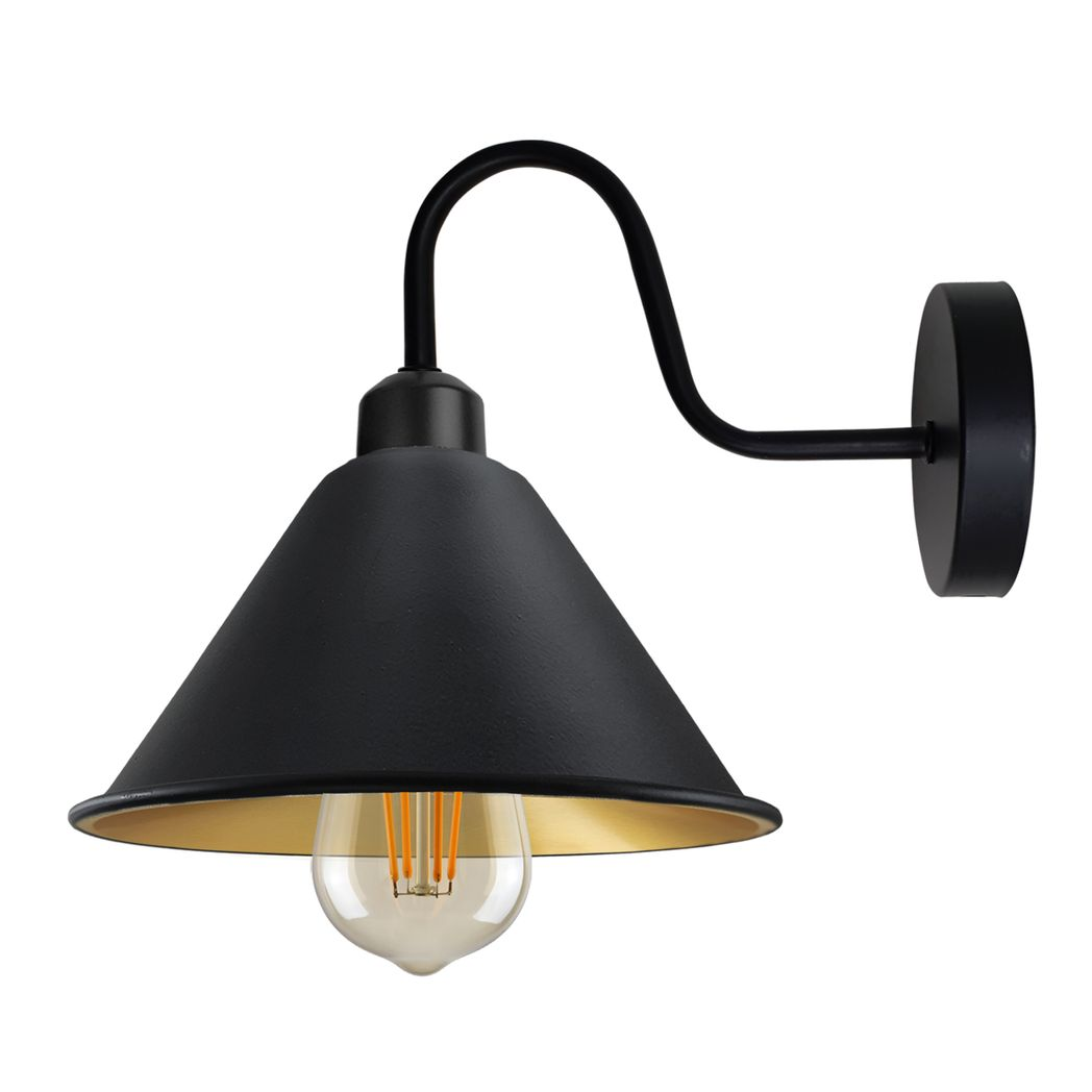 Vintage Cone Wall Light with Swan Neck Arm & E27 Socket – Dimmable Metal Sconce, Black and Gold