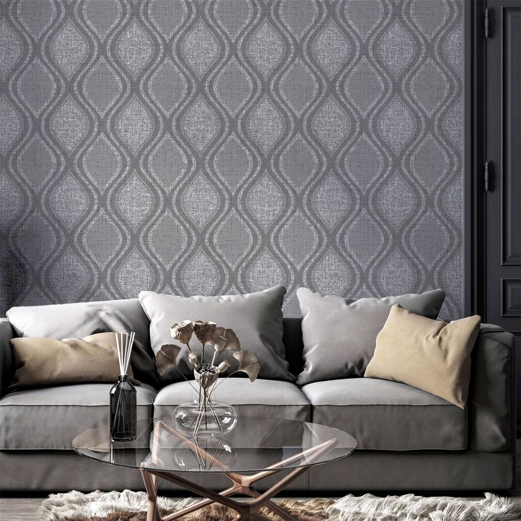 Arthouse Curve Heavyweight Vinyl Wallpaper with Metallic Shimmer – Strippable Paste the Wall, Charcoal