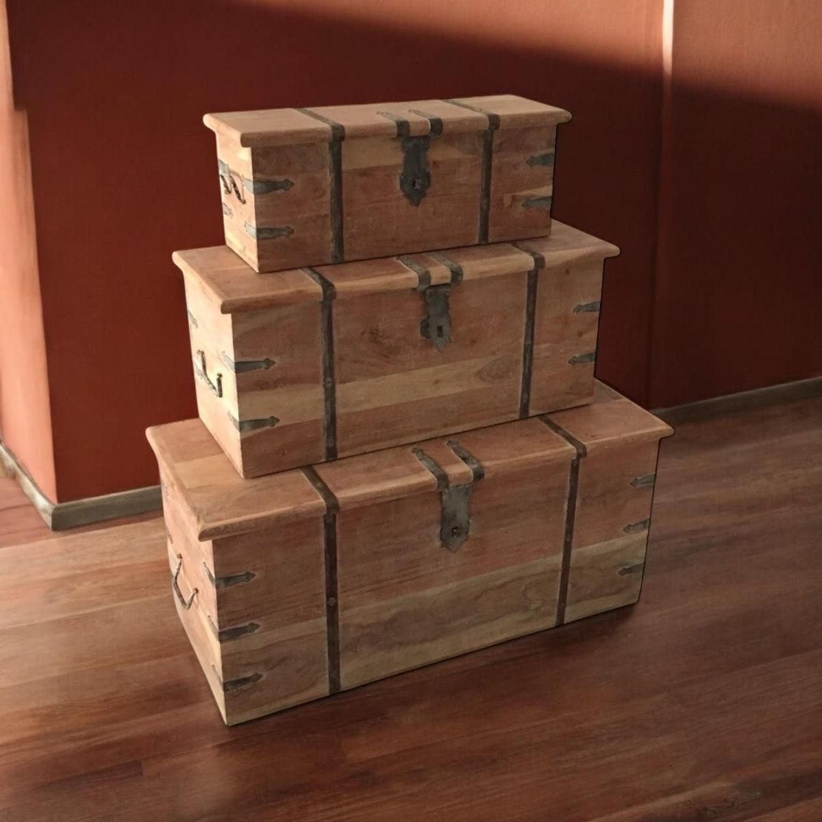 Rustic Solid Acacia Wooden Storage Chests, Set of 3 – Nesting Trunks, Coffee Table or Bench, Light Brown