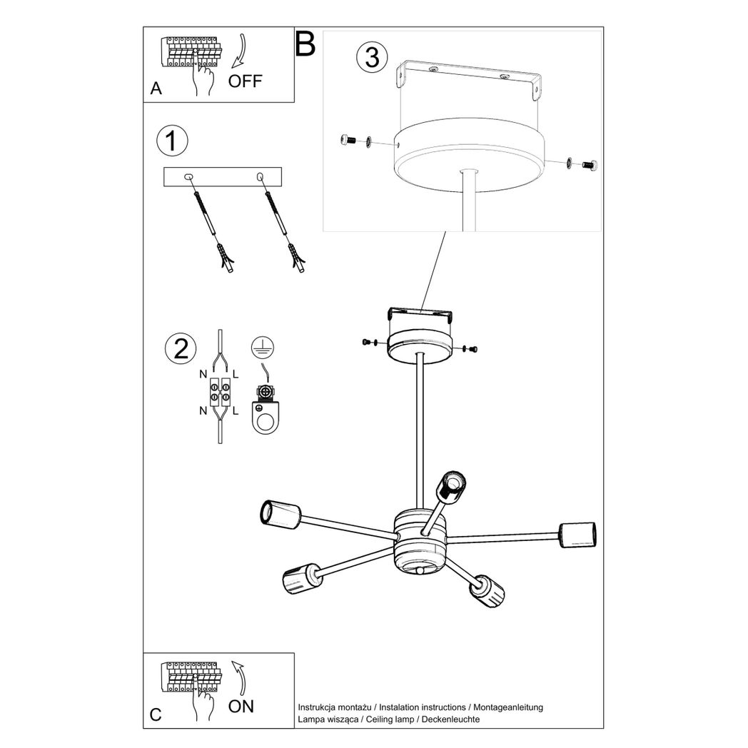 Sollux Lighting Lango Steel Chandelier with 5 E27 Lights – Modern Design Ceiling Light, Black
