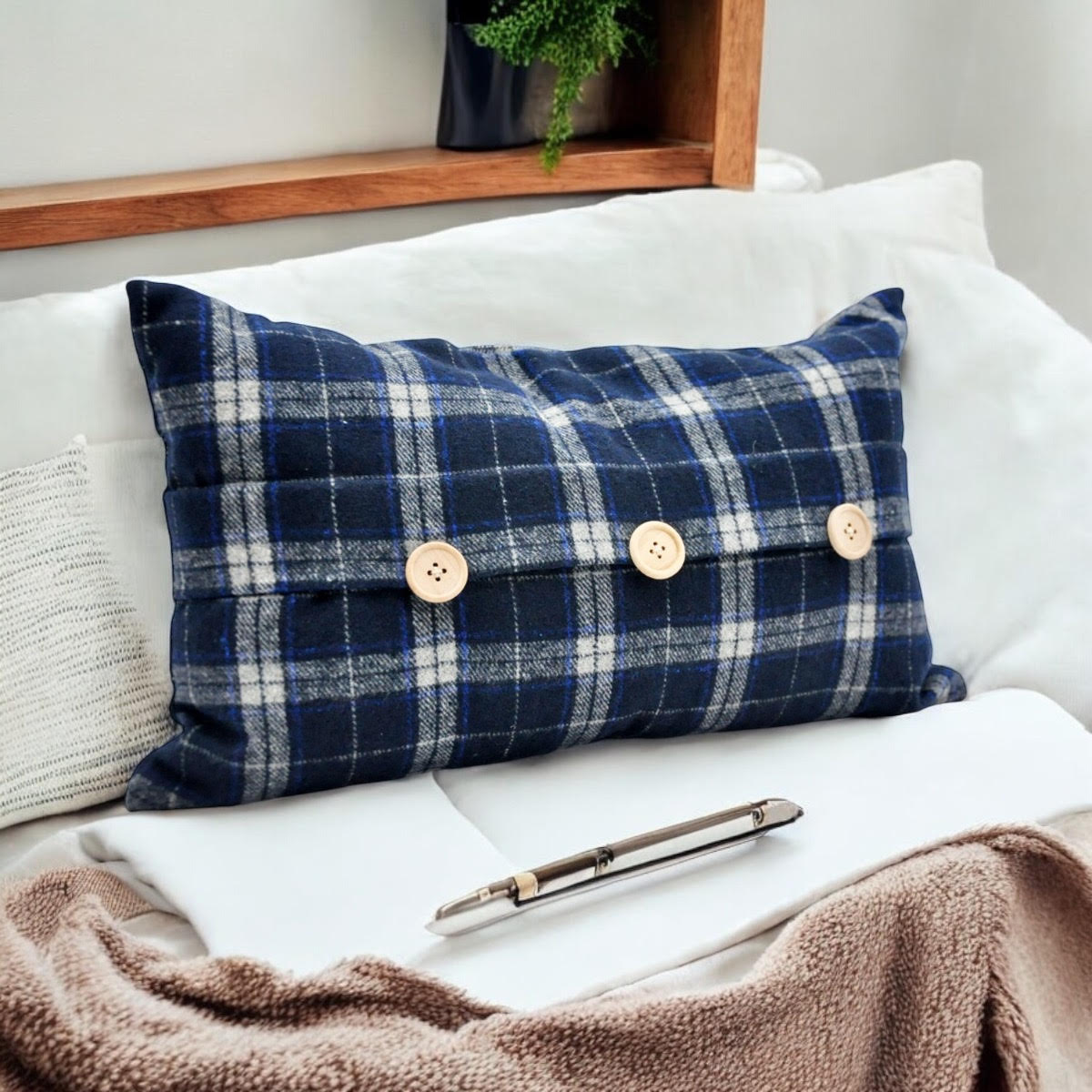 Blue Checked Velvet Tartan Cushion Cover, 30 x 50cm