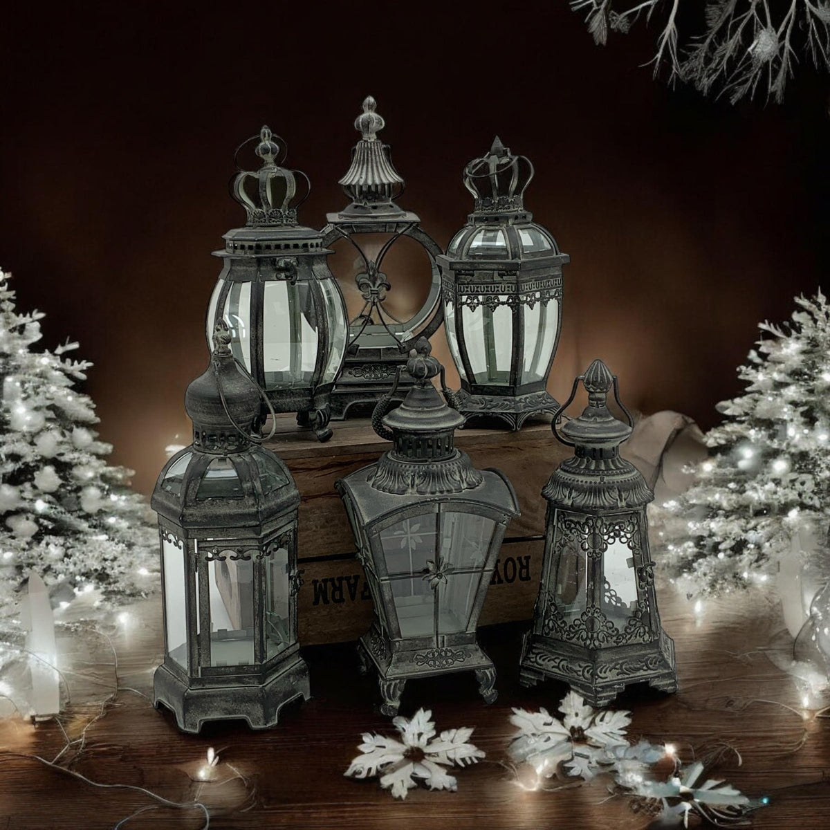 Grey Metal Tealight Lantern Set of 6 with Glass Panels – Art Deco Candle Holders for Home & Garden, 32–42cm