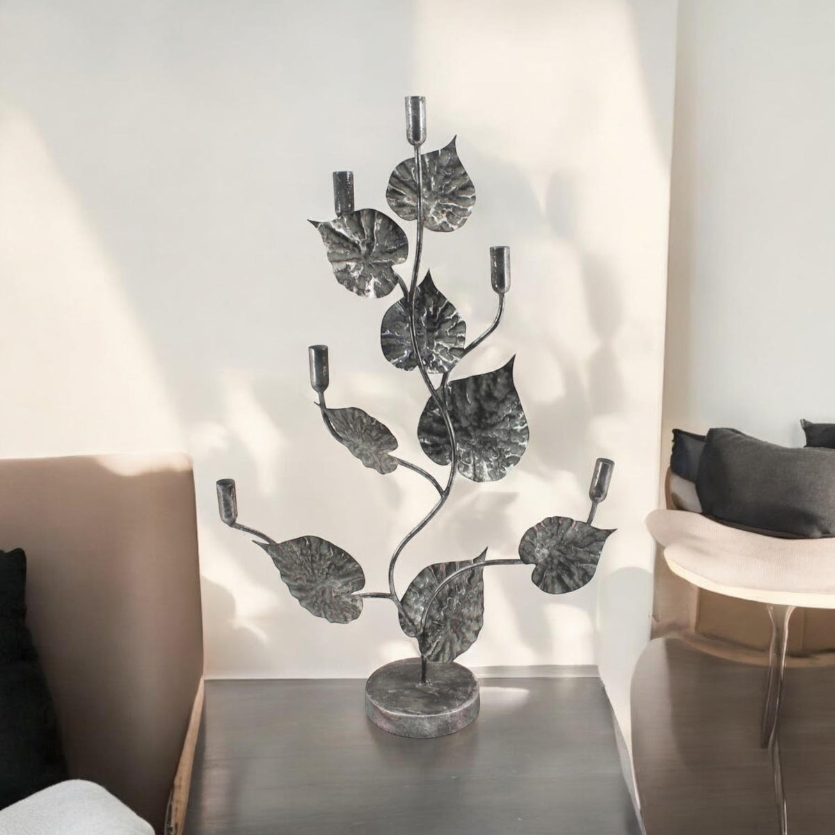 Silver Flower-Shaped Metal Candelabra, 77cm Tall – Art Deco Floral Table Centrepiece