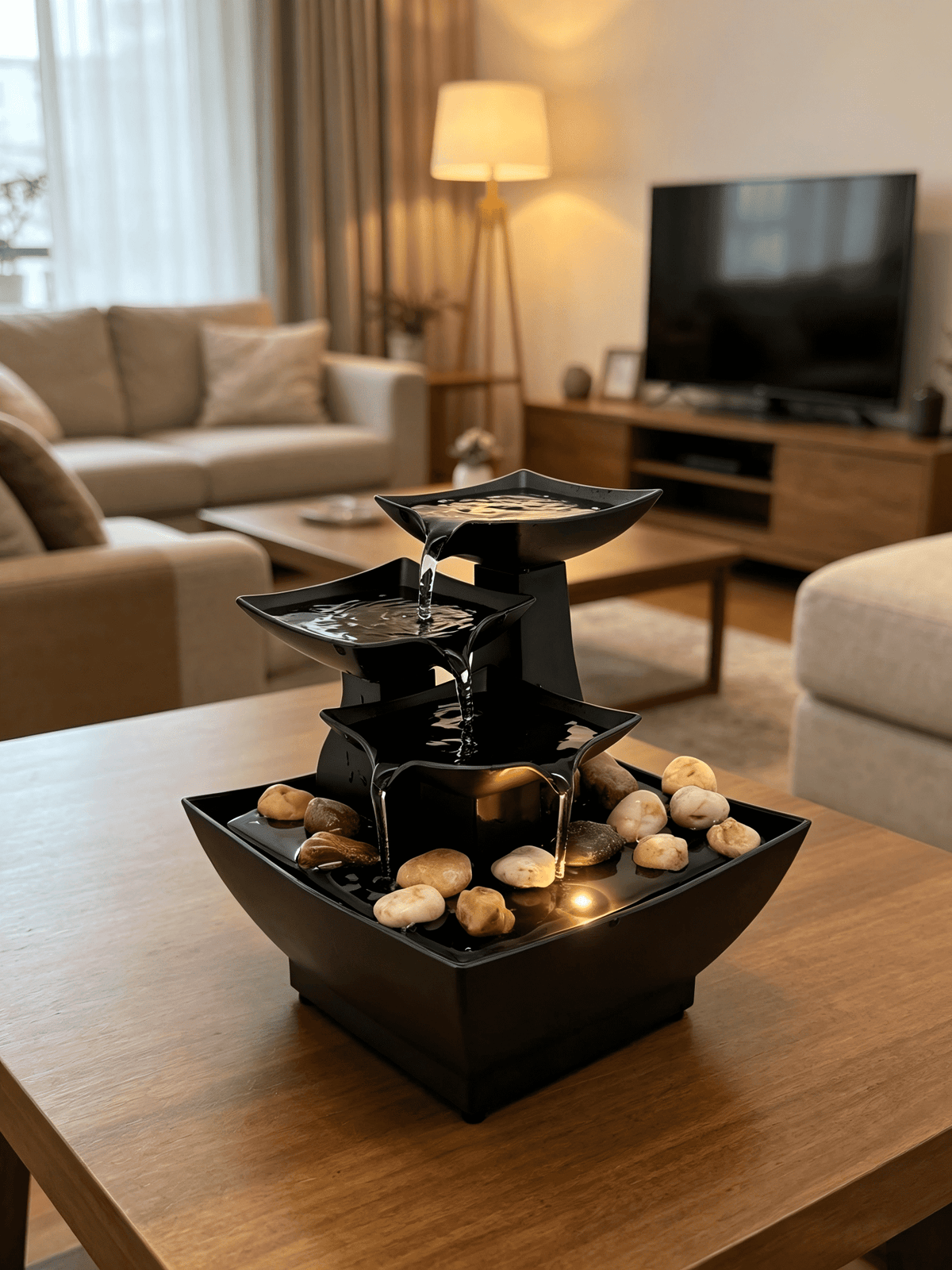 Avilo Battery Operated 3-Tier Tabletop Water Fountain with Light and River Stones – Calming Home Decor