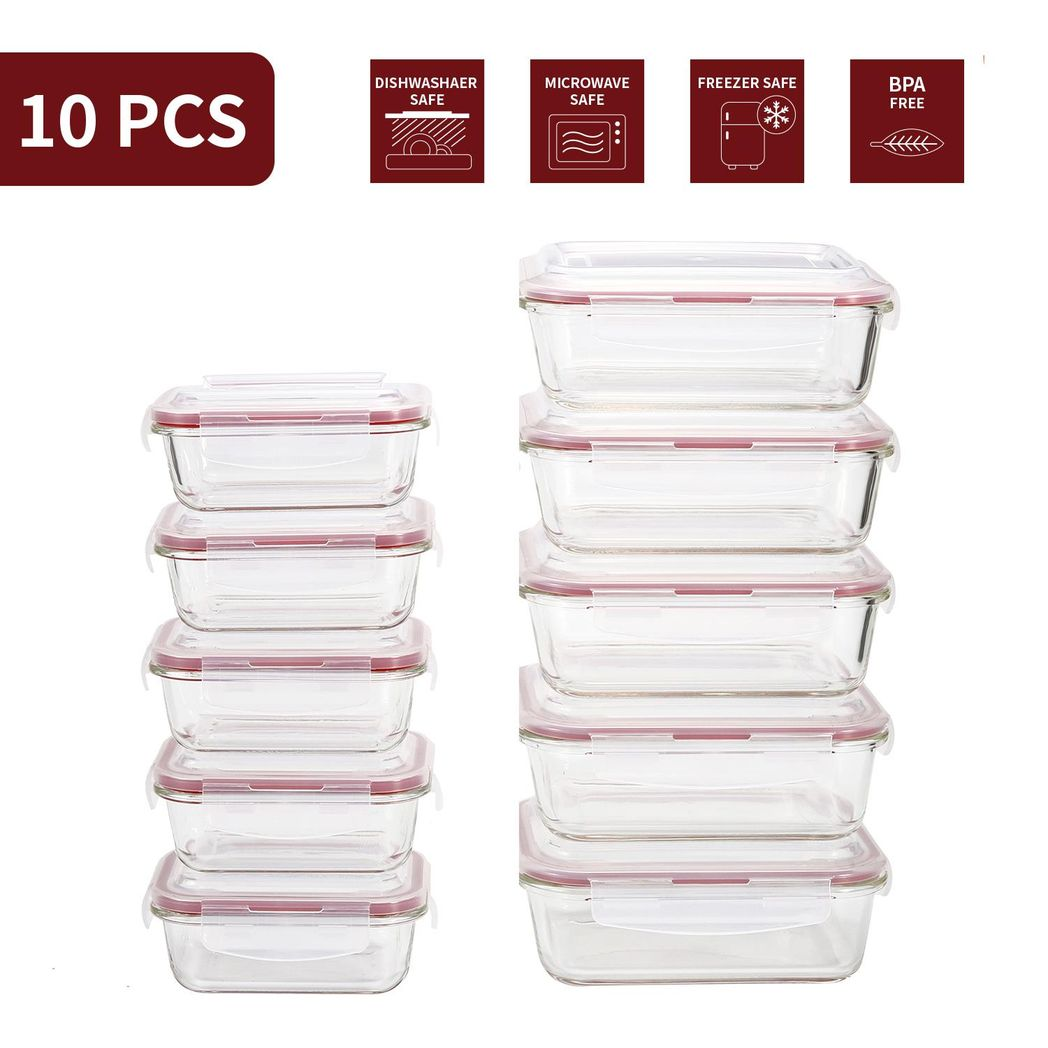 VINSANI 10-Pack Glass Food Storage Containers with Airtight BPA-Free Lids – Oven, Microwave & Freezer Safe