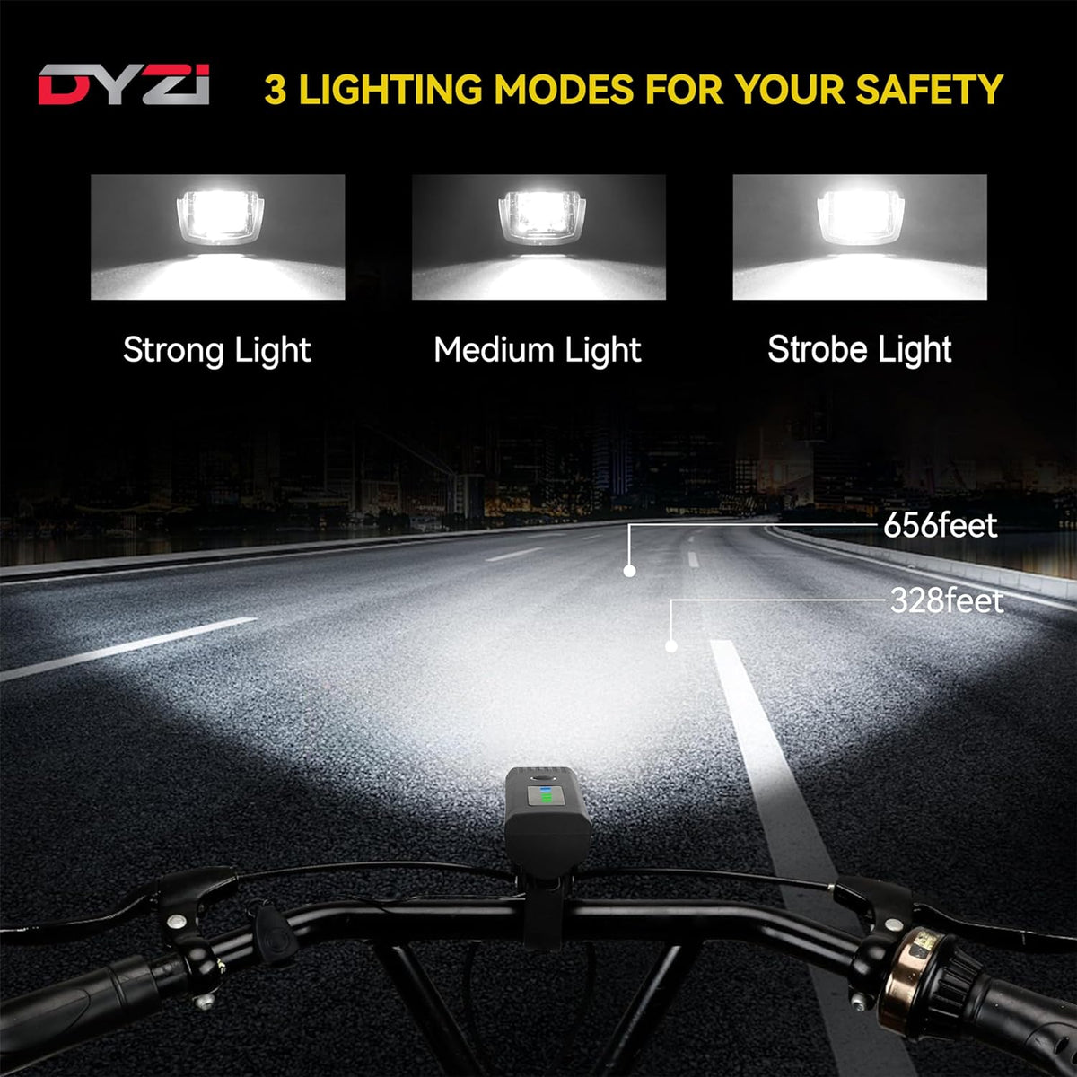 Dyzi USB Rechargeable Bike Light Set – Ultra Bright Front & Rear LED Lights, 4 Light Modes, Daylight Sensor
