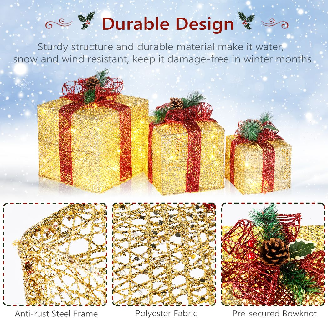 Set of 3 Golden Gift Box Christmas Decorations with Lights, 6, 8 and 10 Inch, 5M Cord – Indoor and Outdoor