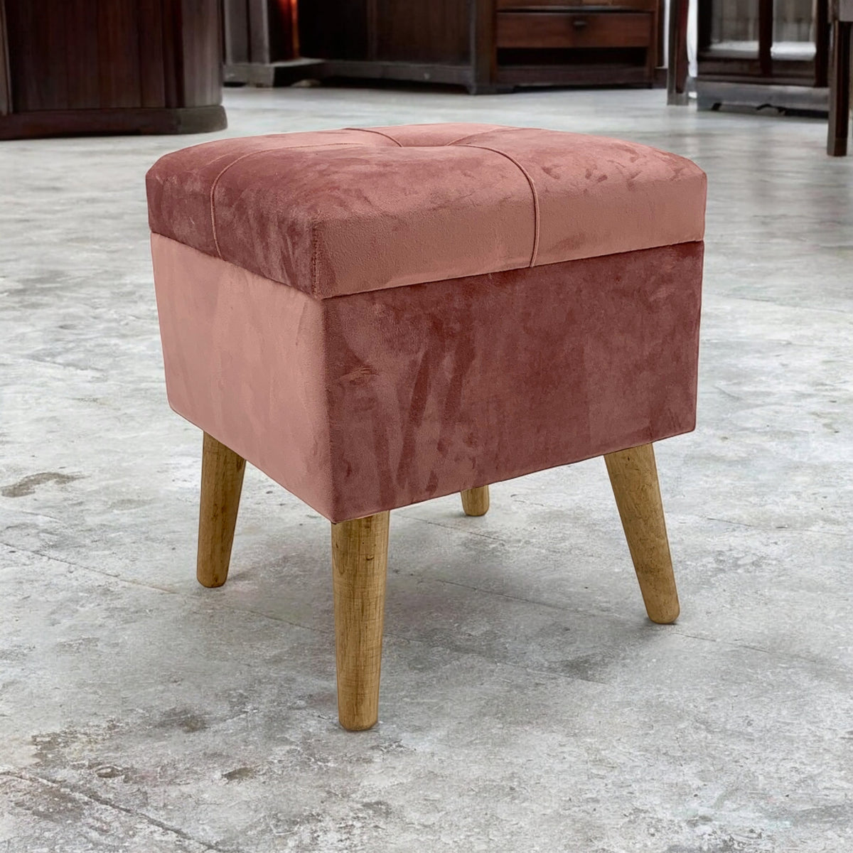 AcaciaHome Square Velvet Ottoman Footstool with Lift-Up Storage – Medium-Firm Foam Seat, Pink