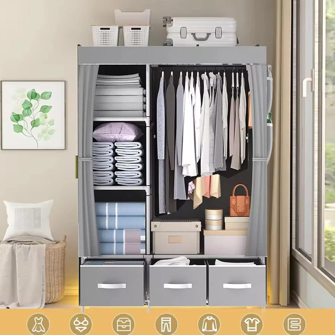 Large Fabric Canvas Wardrobe with Hanging Rail & 6 Shelves, Grey/Black, 105 x 45 x 163cm
