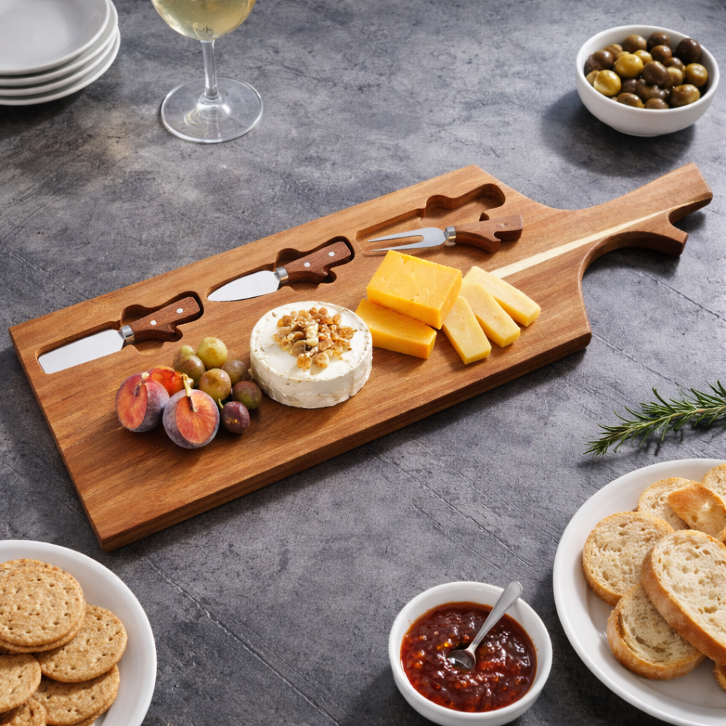 Wooden Cheese Board with Cheese Cutters – Serving Platter for Meals and Entertaining