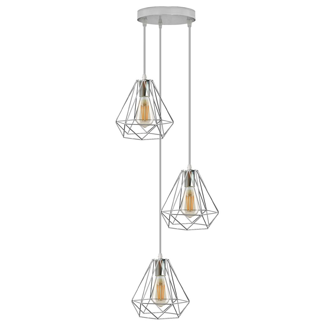 LEDSONE 3 Head Chrome Diamond Wire Cage Pendant Light with 20cm Round Base and E27 Holders – Ceiling Fitting