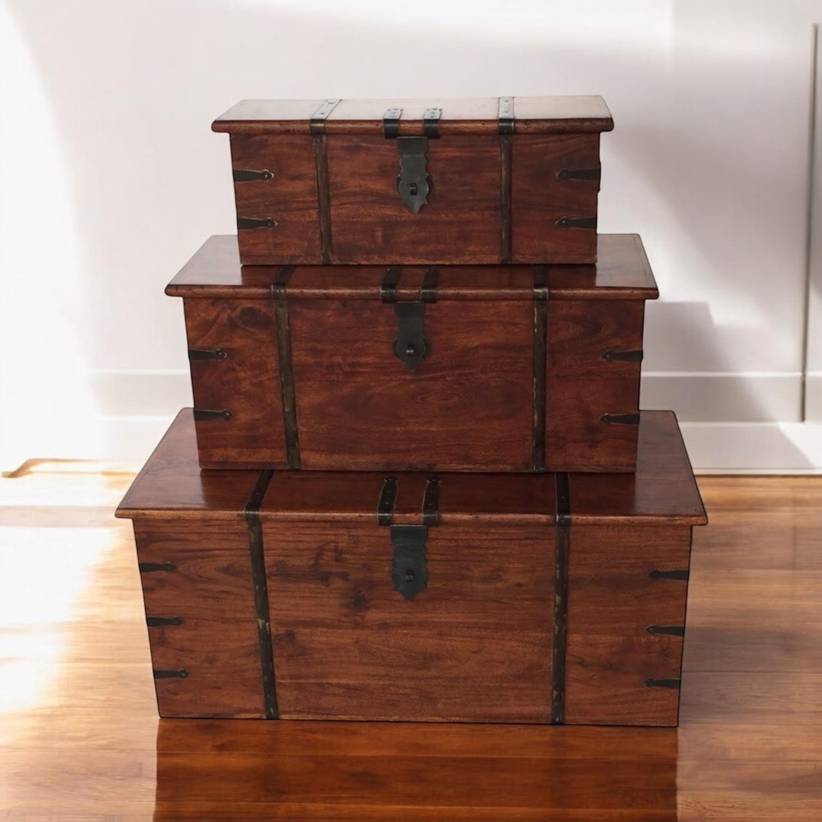 Rustic Solid Acacia Wooden Storage Chests, Set of 3 – Vintage Handles, Blanket Box or Coffee Table, Deep Brown