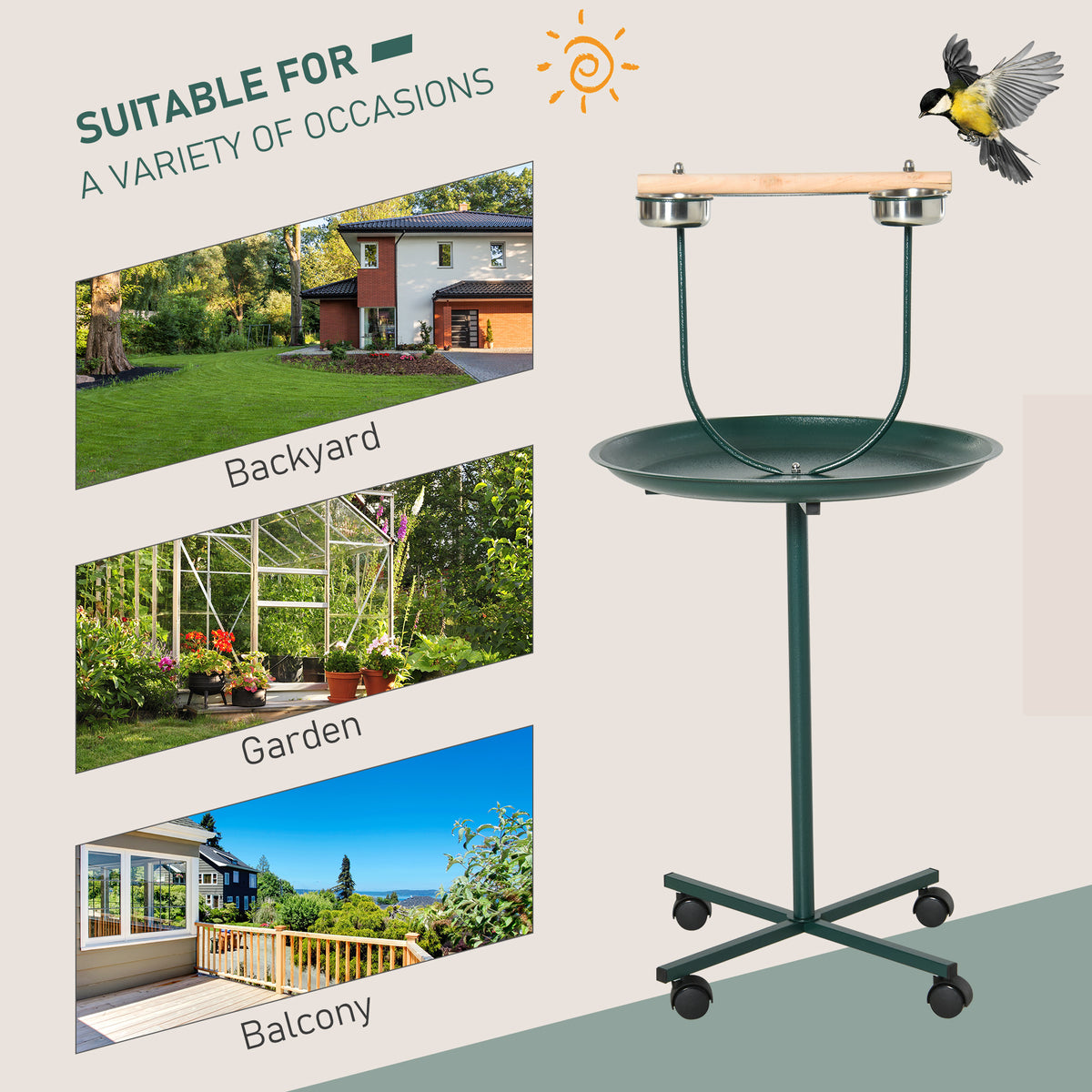 PawHut Bird Perch Stand with Wheels, Tray & 2 Stainless Steel Bowls – T-Stand for Small to Medium Birds, Green