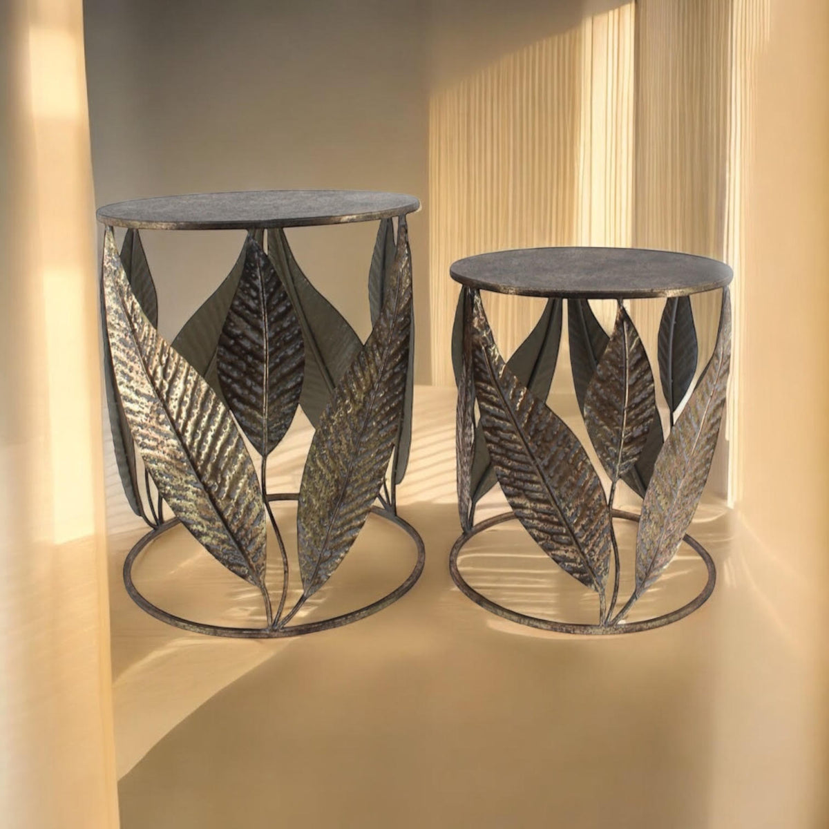 AcaciaHome Art Deco Gold Leaf Nest of Tables – Elegant Round Metal Side Tables, Hand-Finished Floral Design