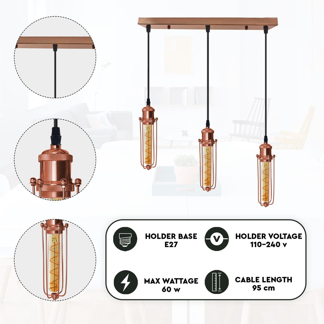 LEDSONE 3 Head Rectangle Rose Gold Wire Cage Pendant Light, E27 – Industrial Hanging Lamp for Kitchen Island