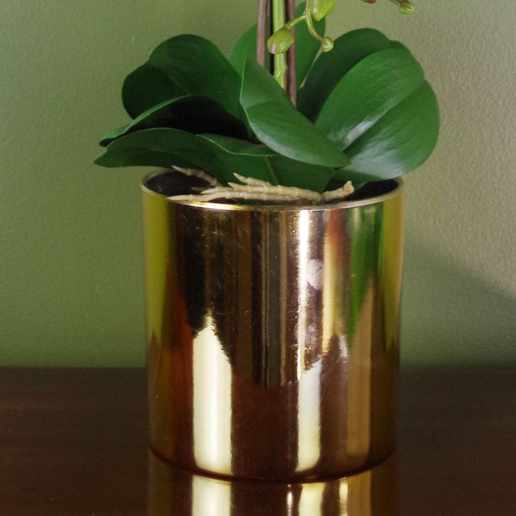 Large Artificial Orchid, 52cm with 14 Realistic Flowers & Real Touch Leaves – Gold Decorative Pot, White