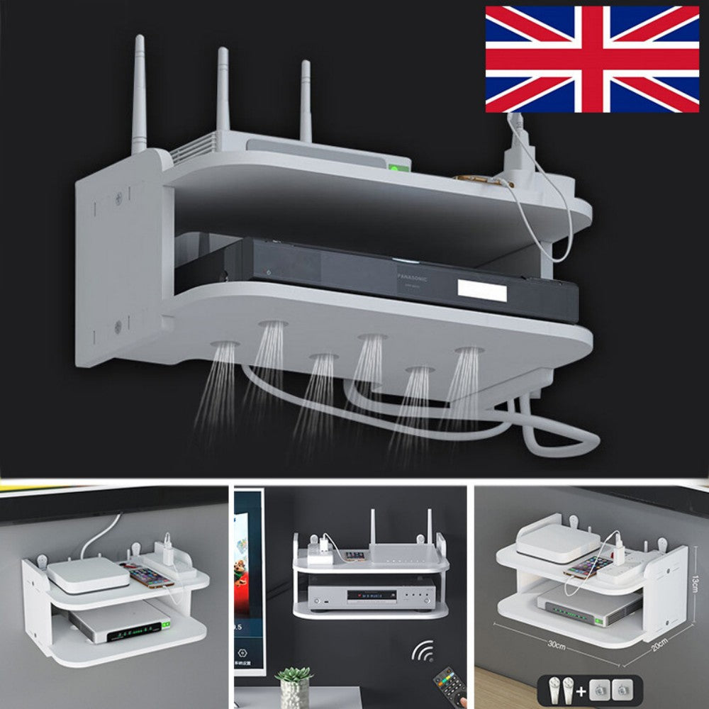 Wall-Mounted Double-Layer Router Storage Shelf – Floating Rack for TV Box, DVD and Game Console, White