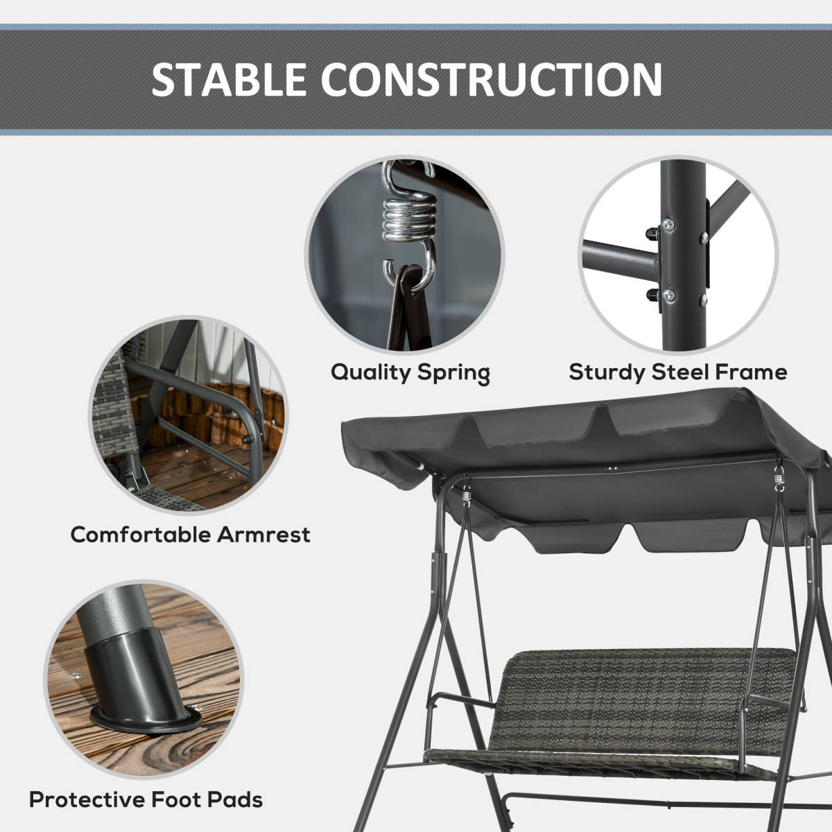 Outsunny 3-Person Rattan Hanging Swing Chair with Adjustable Canopy & Metal Stand – Garden Patio Bench