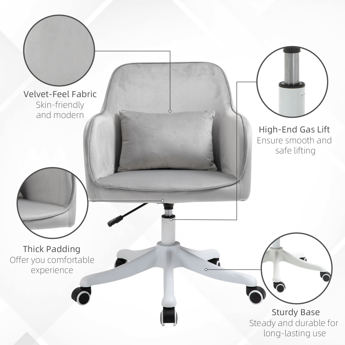 Vinsetto Tub Office Chair with Rechargeable Massage Lumbar Pillow – Velvet-Feel Swivel Desk Chair