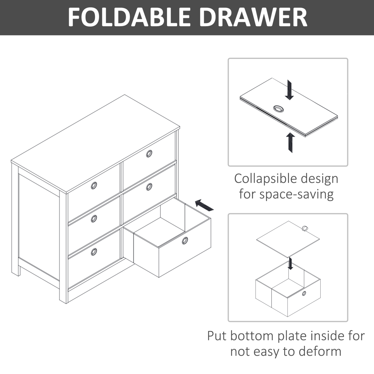 HOMCOM Chest of 6 Fabric Drawers – Bedroom, Office and Hallway Storage Cabinet, White and Grey