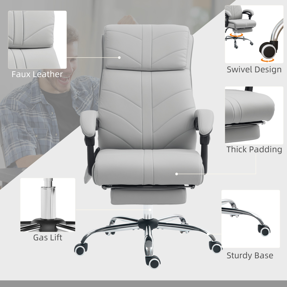 Vinsetto Heated Massage Office Chair with 4-Point Vibration, Footrest & Remote – Light Grey PU Leather