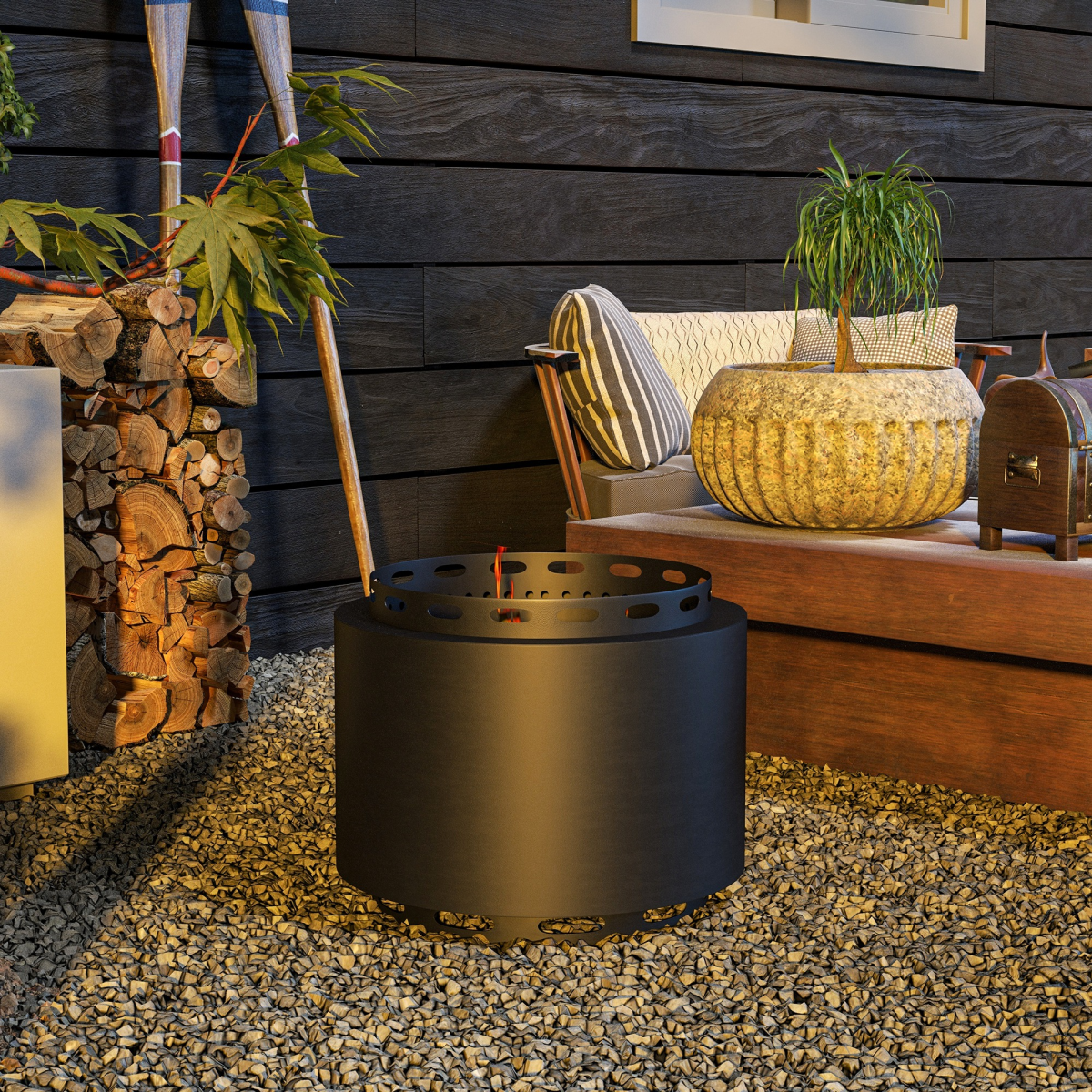 Outsunny 48.5cm Smokeless Wood Burning Fire Pit with Poker – Black Metal Outdoor Fireplace for Patio & Garden
