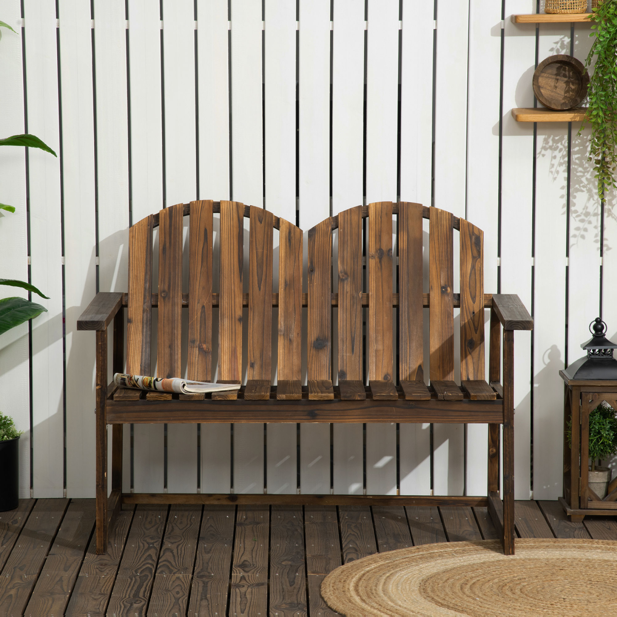 Outsunny Outdoor Wooden Bench for Two – Fir Wood Patio Loveseat with Slatted Backrest, Rustic Look