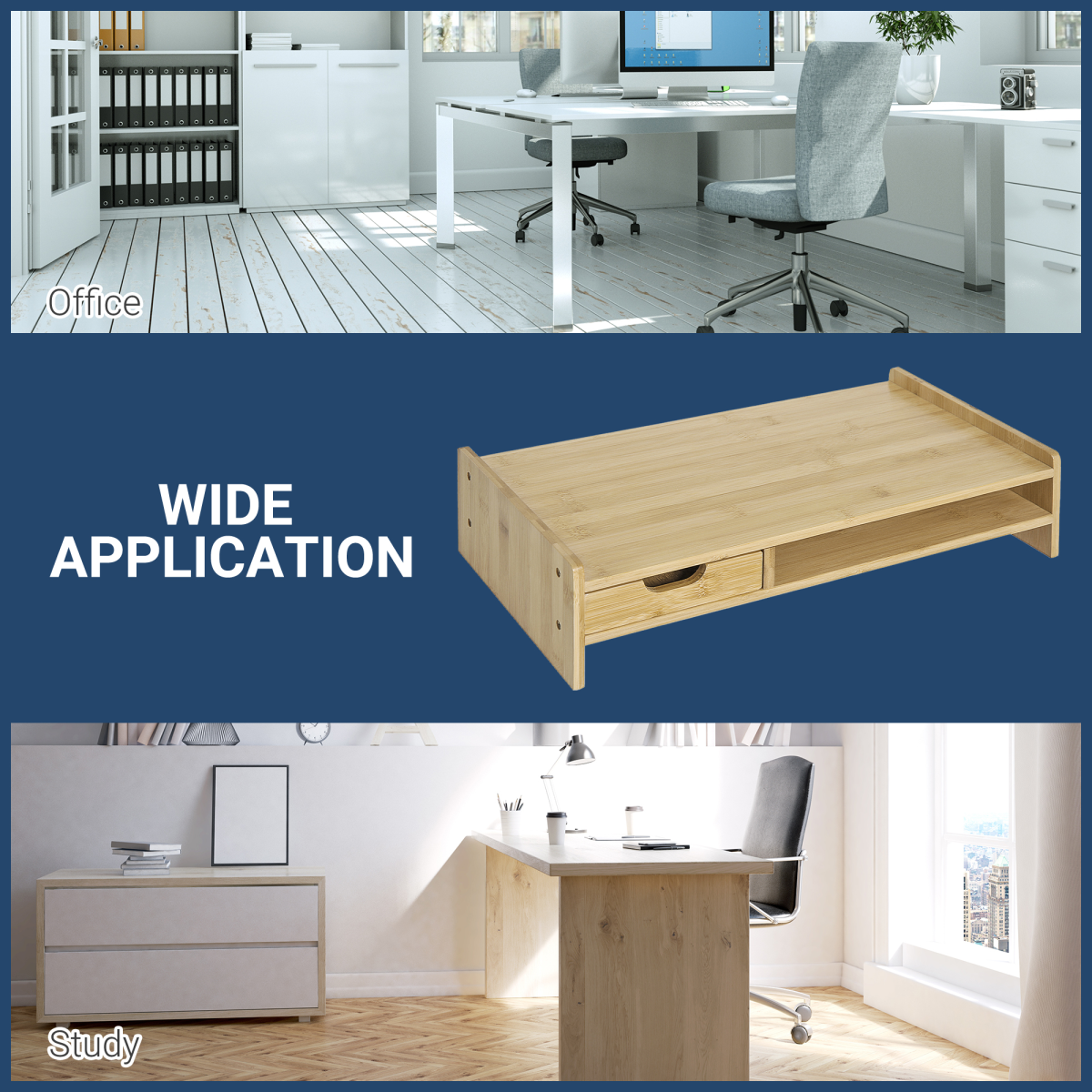 HOMCOM Bamboo Monitor Riser with Drawer – Desktop Organiser Stand for Laptop and PC, Natural