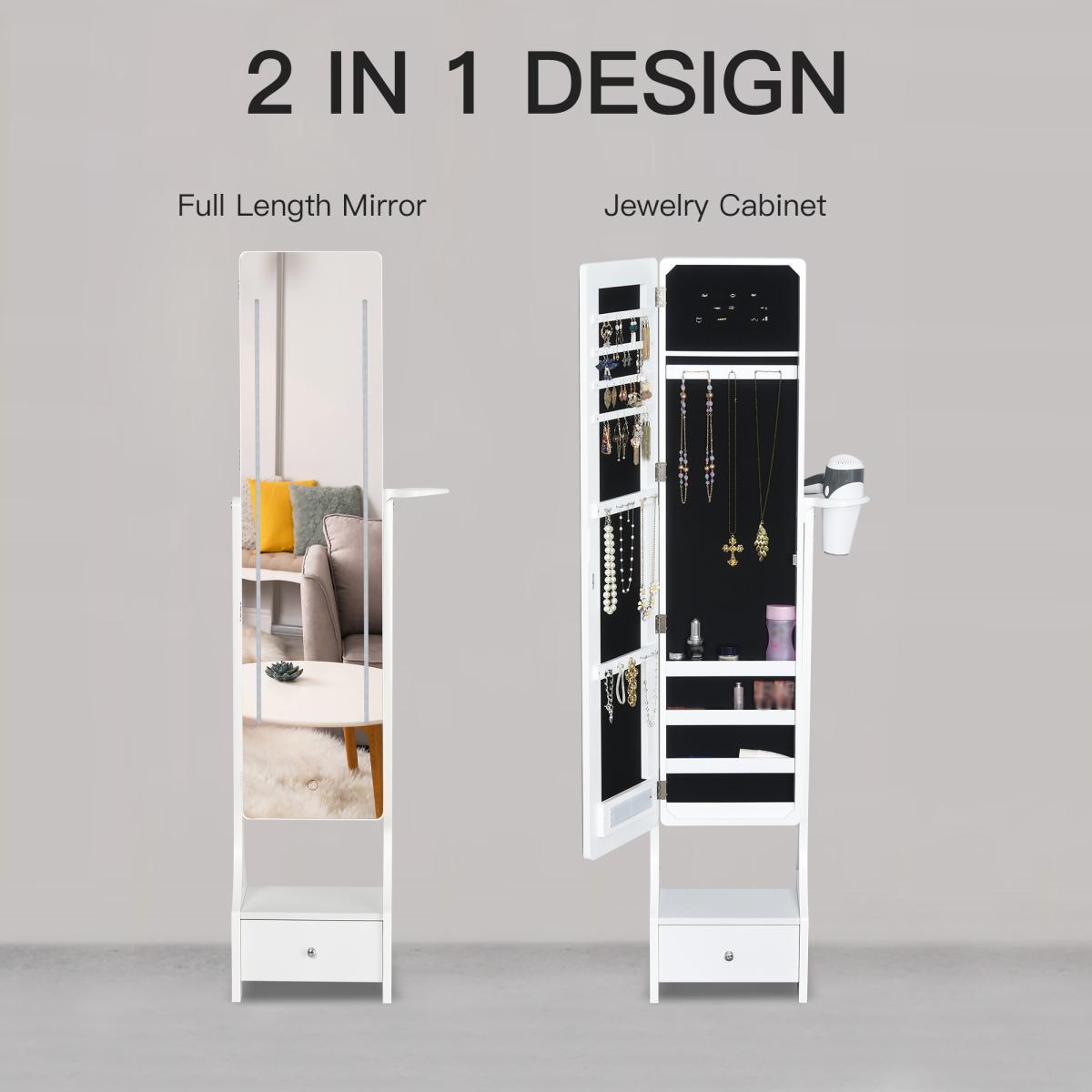 Freestanding LED Mirror Jewellery Armoire with Drawer & Hairdryer Holder – Full Length Mirror