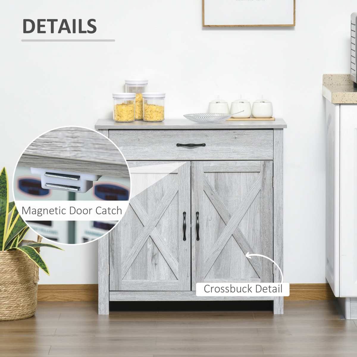 Farmhouse Barn Door Sideboard Buffet & Coffee Bar Cabinet – Sliding Door Kitchen Storage, Grey Wood Grain