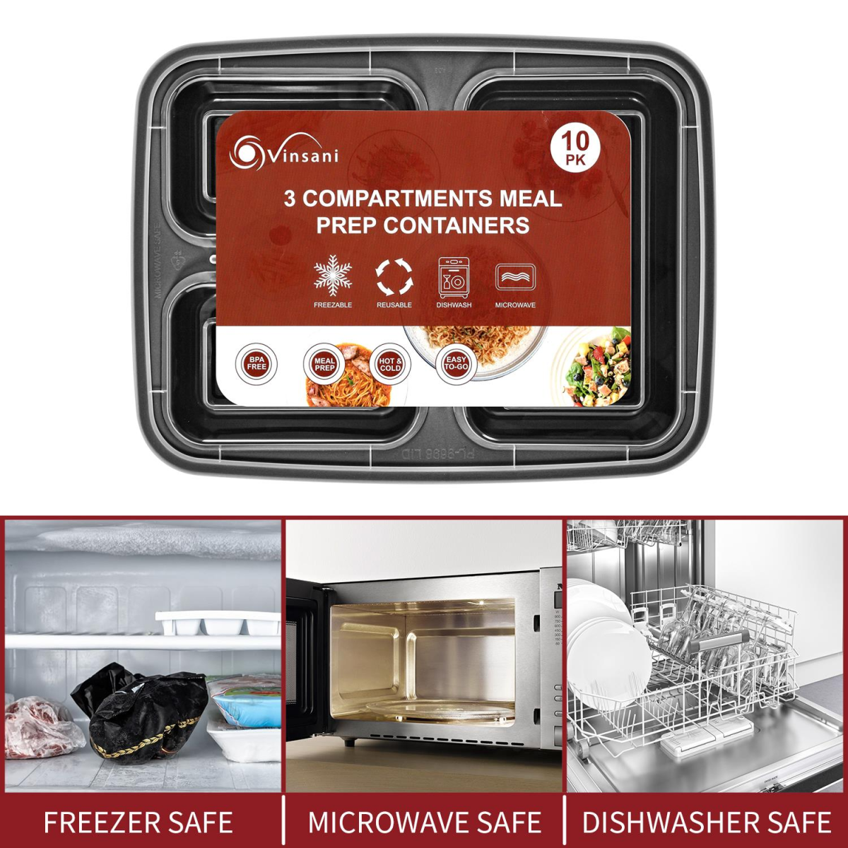 VINSANI 3-Compartment Meal Prep Containers with Airtight Lids – 2 x 10 Pack, 20 Total