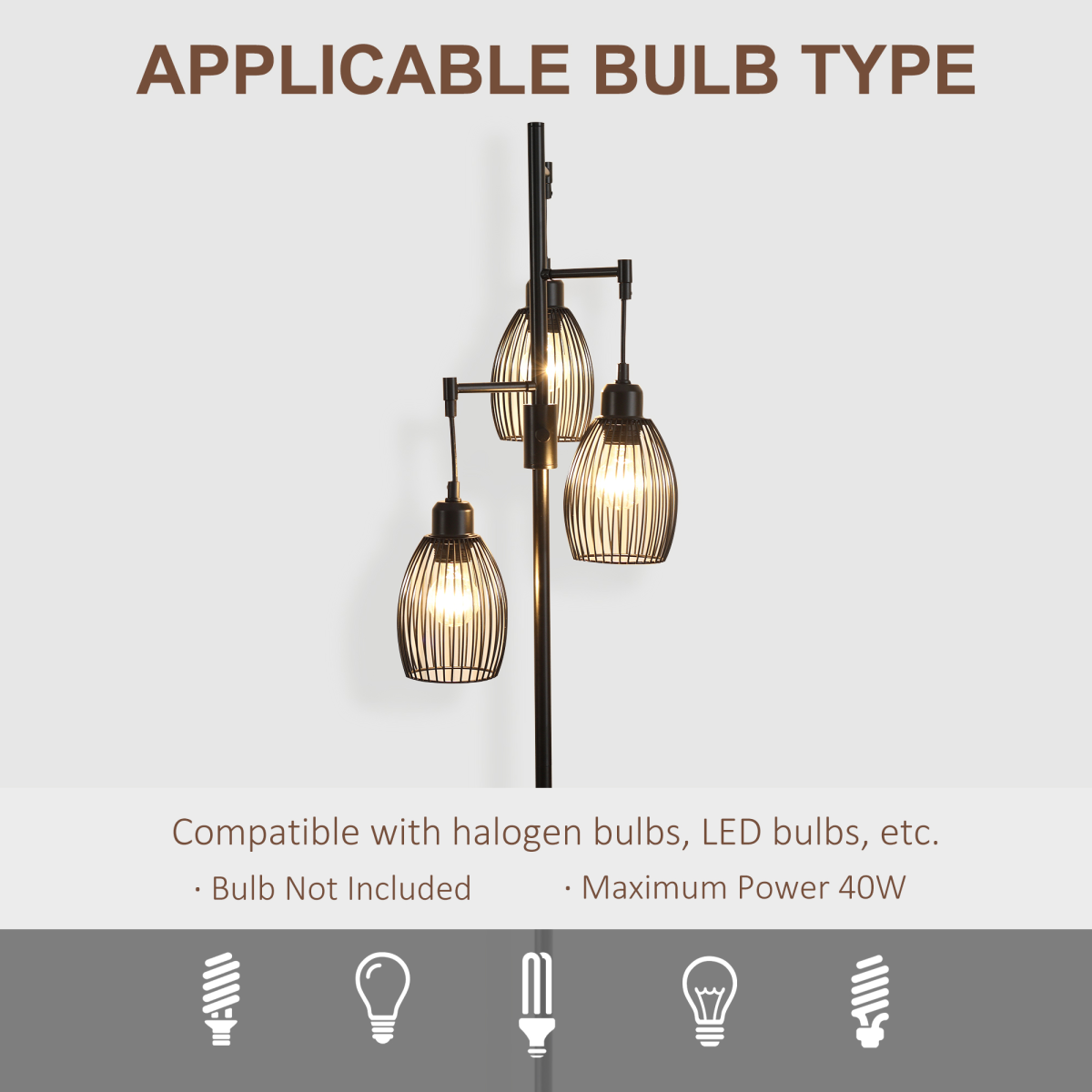 HOMCOM 170cm Industrial 3-Light Dimmable Floor Lamp – Steel Frame, Black