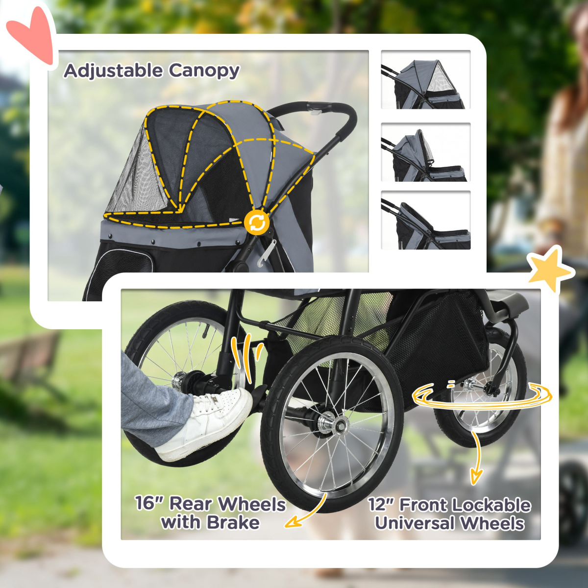 PawHut 3 Wheel Foldable Pet Stroller with Canopy & Mesh Windows – Dog Pram for Small Dogs, Grey