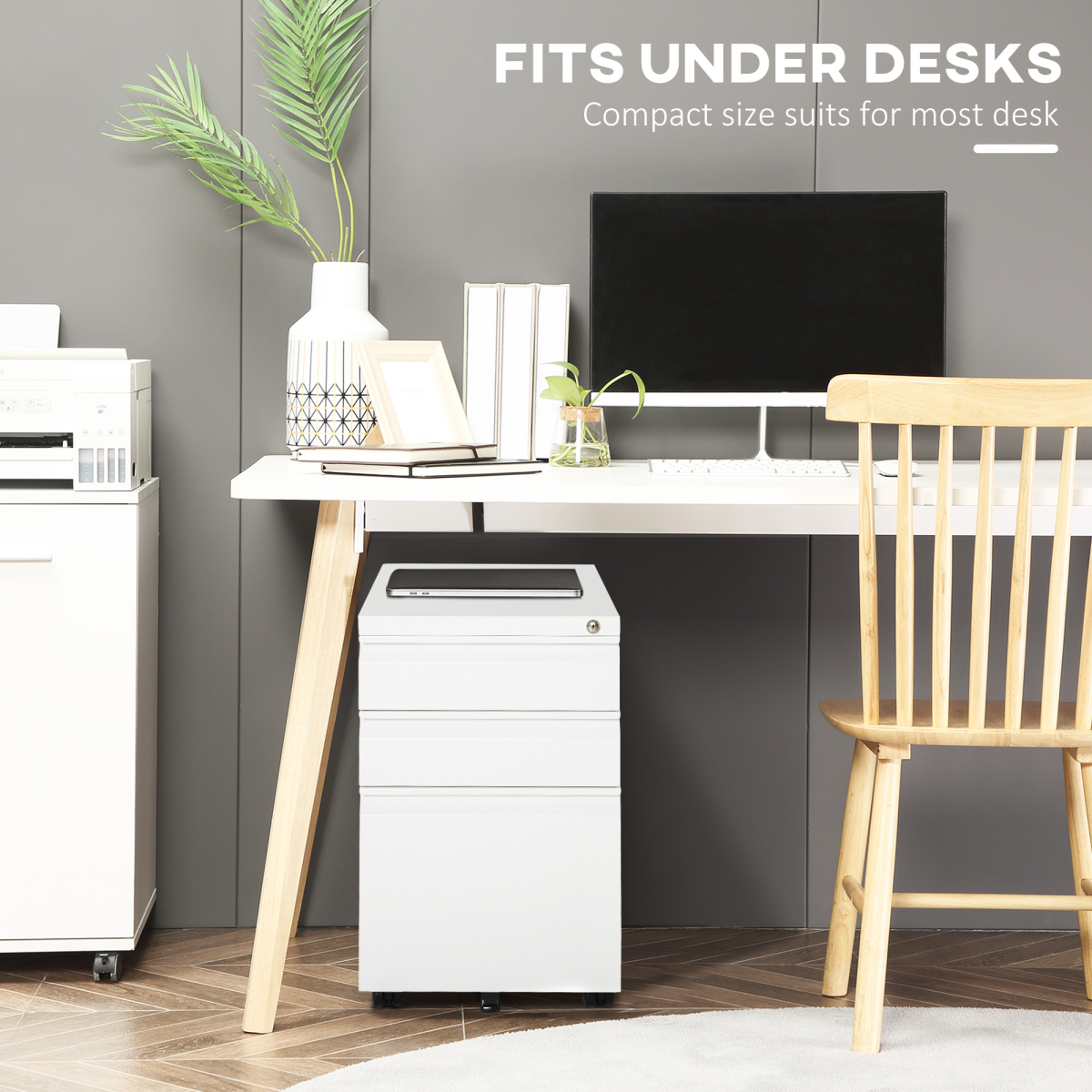 Vinsetto Mobile Vertical 3-Drawer Lockable Metal Filing Cabinet with Wheels – Under-Desk Office Storage