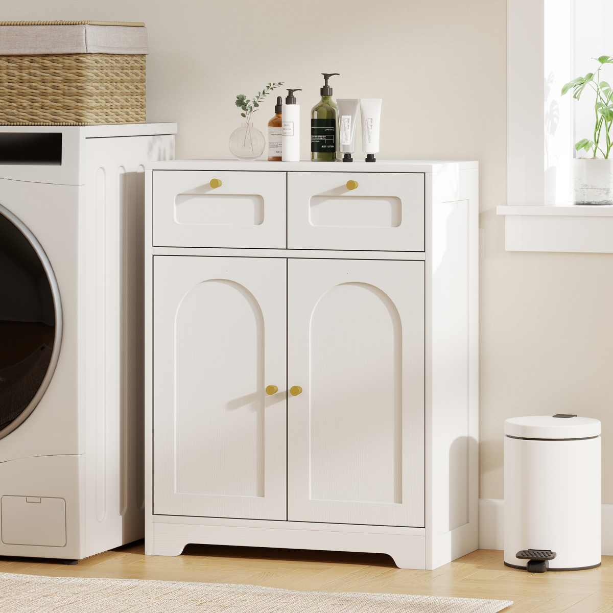 HOMCOM Bathroom Floor Cabinet with 2 Arched Doors, 2 Drawers & Adjustable Shelf – White