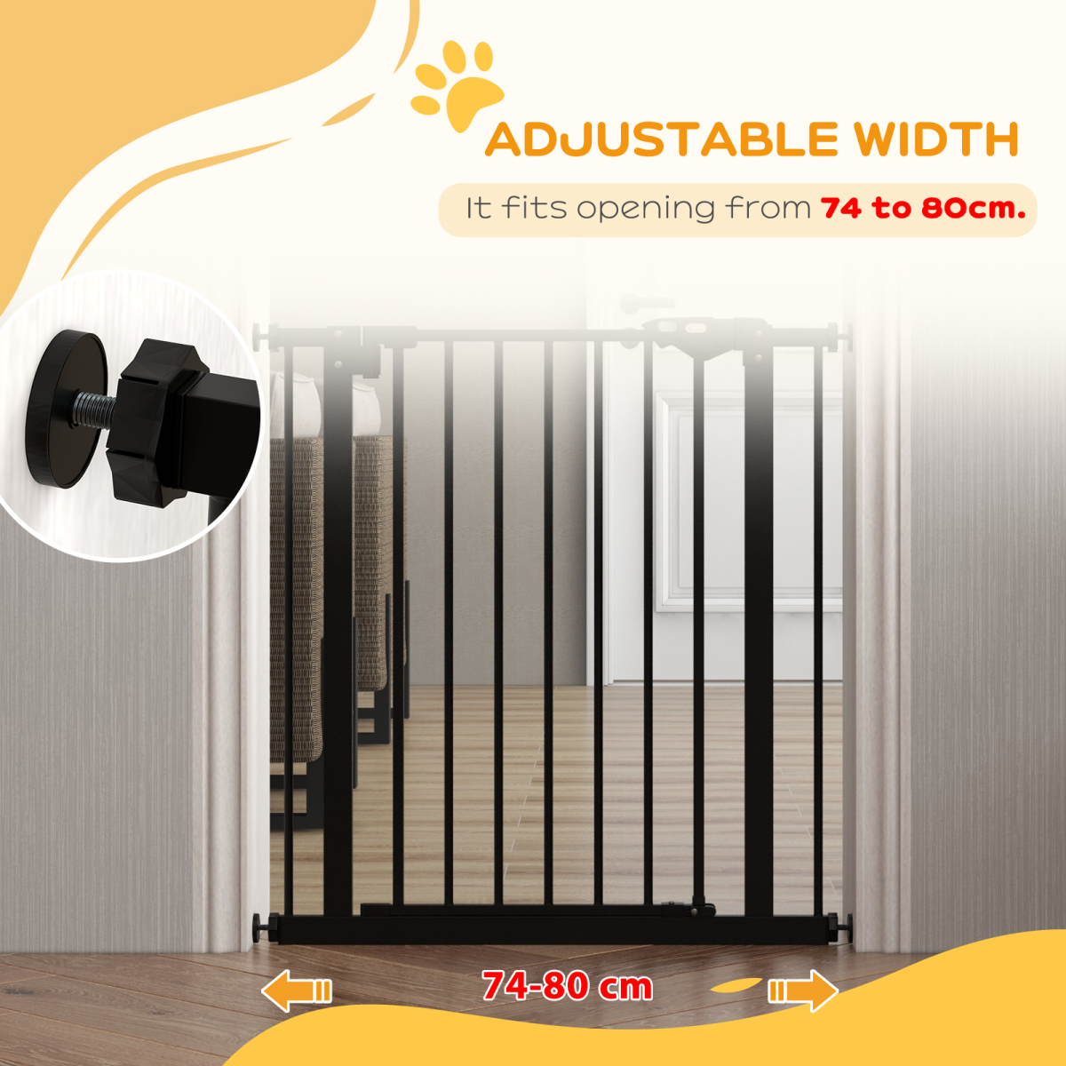 PawHut Adjustable Metal Pet Safety Gate with Extension and Auto-Close Door – Dog Barrier for Doorways, Black